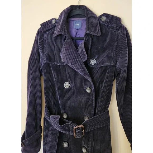 Gap Corduroy Trench Coat Small Deep Purple Vintage Y2K Academia Indie Classic - Picture 2 of 9